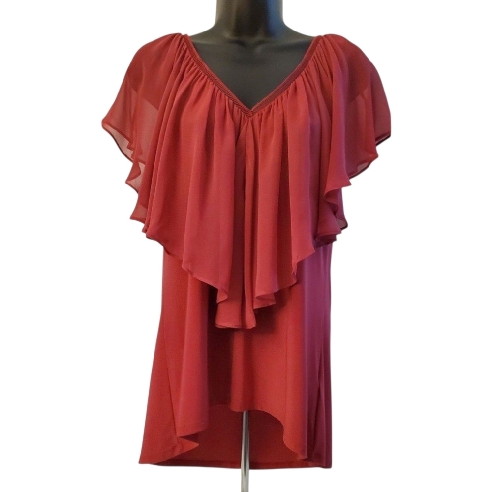 White House Black Market Red Sleeveless Chiffon Ruffle Tiered V Neck Top Size M